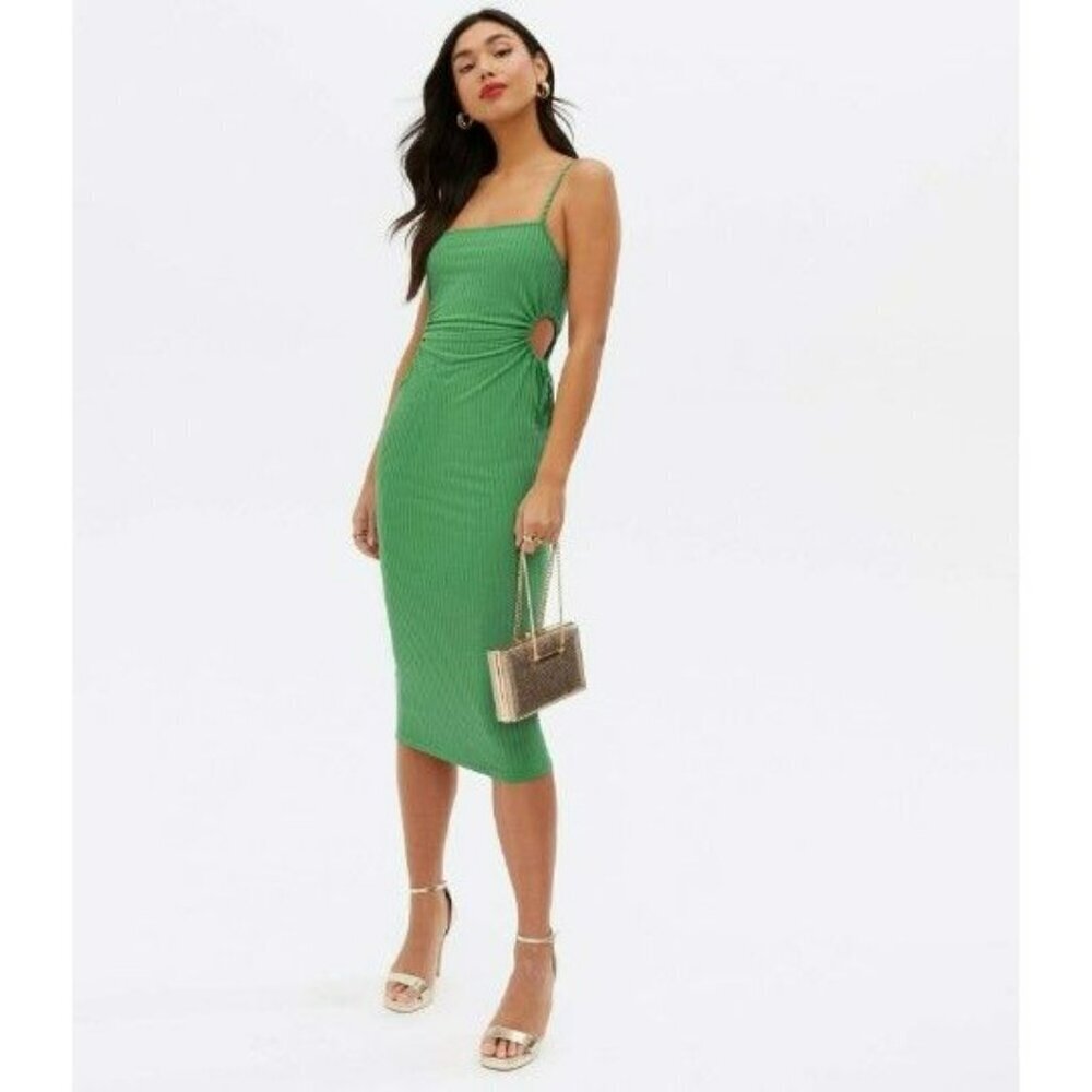 Zara Blue Green Strappy Ribbed Knit Cut Outs Midi Bodycon Dress Small - Picture 1 of 13